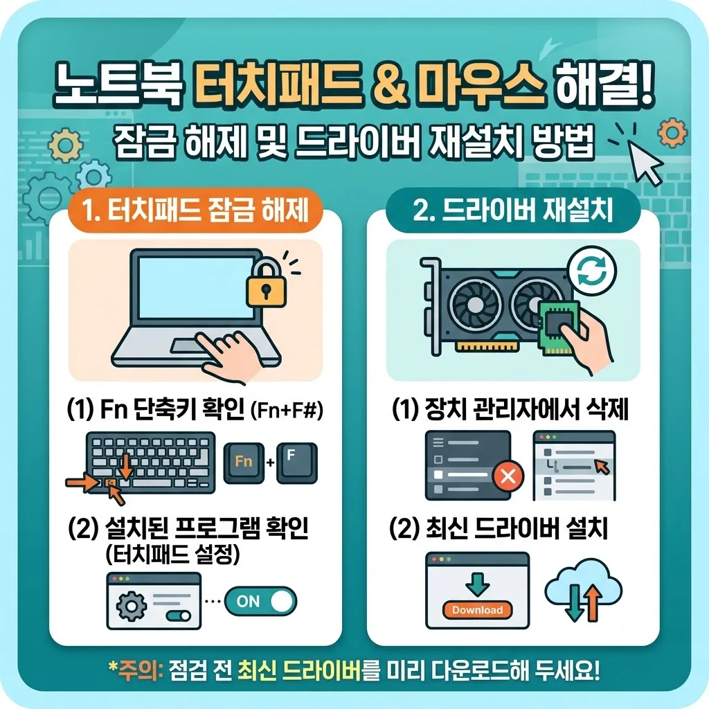 노트북 터치패드 잠금 해제 및 마우스 포인터 오작동 시 드라이버 재설치 방법