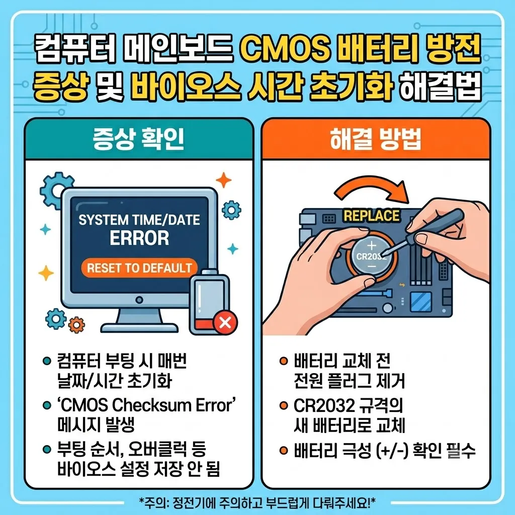 컴퓨터 메인보드 CMOS 배터리 방전 증상 및 바이오스 시간 초기화 해결법